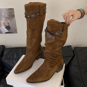 Western Cowboy Mid-calf Thick Heel Pointed Toe High Fold Stack Boots