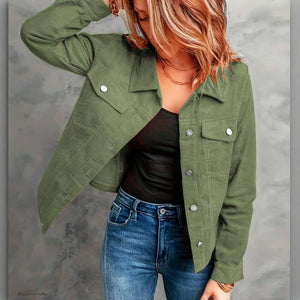 Women's Corduroy Long Sleeve Jacket - Casual Button-Up Coat With Flap Pockets, Fall & Spring Fashion Outerwear