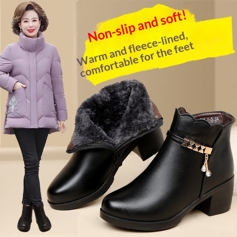 Middle-aged And Elderly Mid-age Warm Short Boots Anti-slip Leather Shoes
