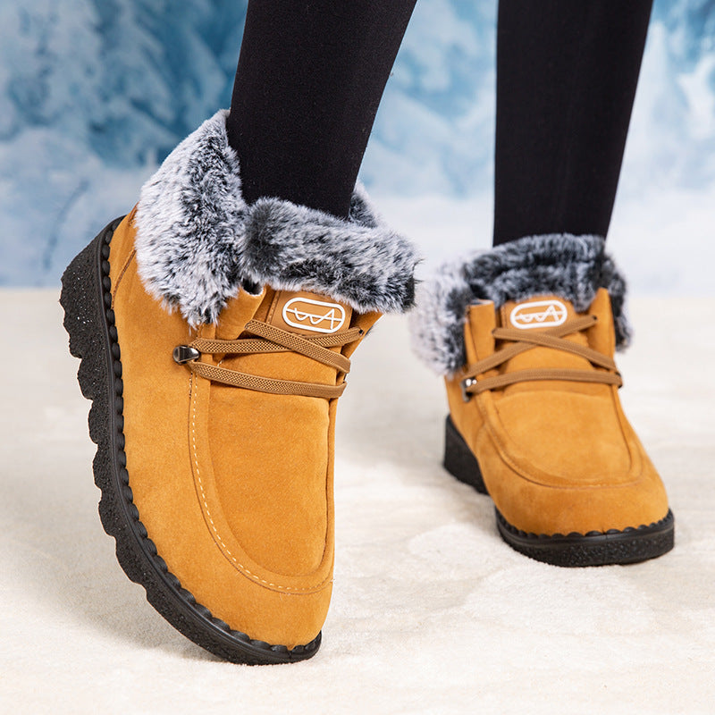 Women's Flat Round-Toe Laced Faux Fur Thicker Short Boots