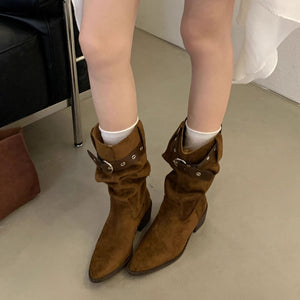 Western Cowboy Mid-calf Thick Heel Pointed Toe High Fold Stack Boots