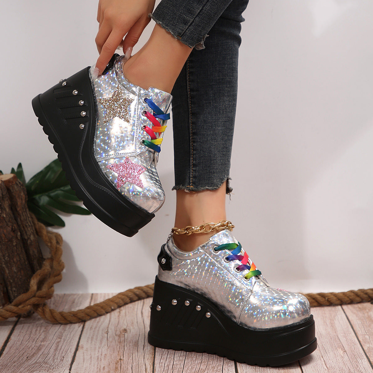 Punk Shiny Leather Rivet Thick Sole Casual Platform Shoes