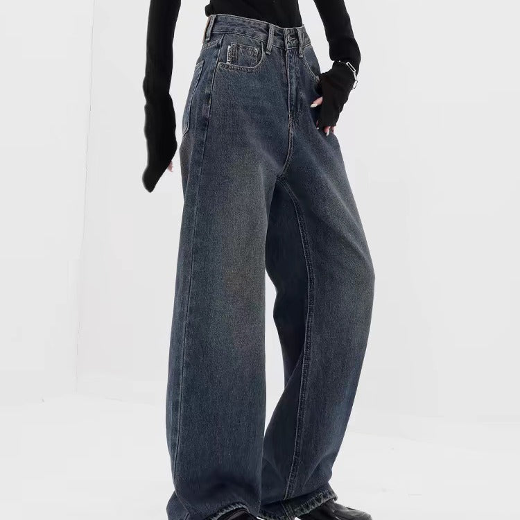 Retro Dark Blue Wide Leg Jeans Baggy Straight Trousers